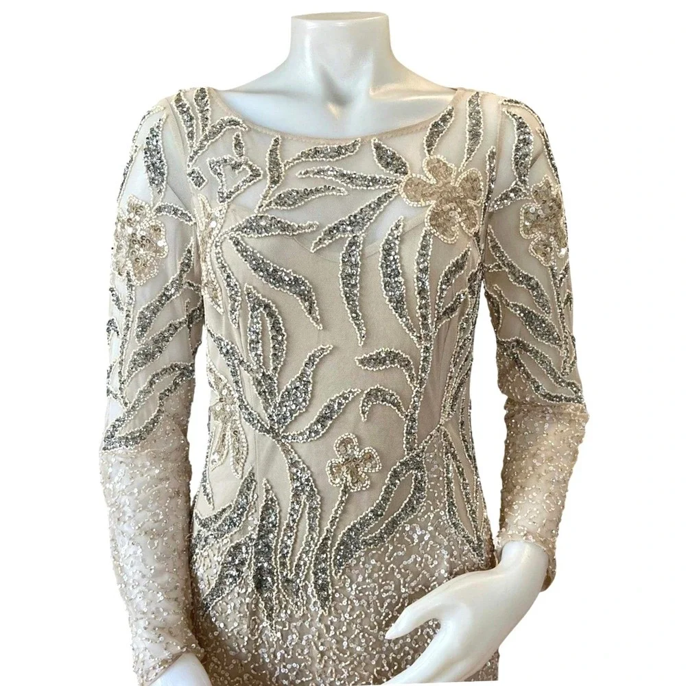 Adrianna Papell Embellished Illusion Gown Beaded Floral Sequin Sz 6  Maxi Modest - Picture 3 of 9